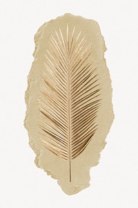 Gold palm leaf branch, ripped paper collage element