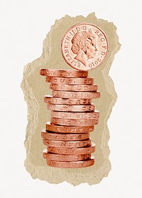 Two pence, UK coin stack on ripped paper. Location unknown, 1 JUNE 2022