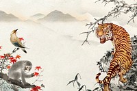 Roaring tiger background, Ohara Koson famous illustration remixed by rawpixel psd