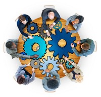 Group of People with Gear Symbol in Photo and Illustration