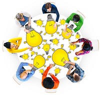 Group of People with Light Bulb Symbol in Photo and Illustration