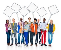 Group Of Multi-Ethnic People Expressing Positivity Standing And Holding Blank Sign Post In White Background.
