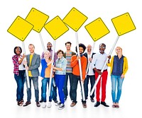 Group Of Multi-Ethnic People Expressing Positivity Standing And Holding Yellow Blank Sign Post In White Background.