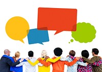 Group of People Hands on Shoulders and Speech Bubbles