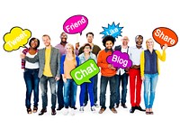 Group Of Multi-Ethnic People Holding Speech Bubbles With Words Related To Social Networking