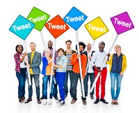 Group of Multiethnic People Holding Sign Poles with the Word Tweet