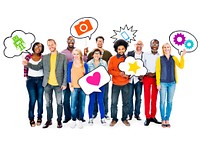 Group Of Happy Multi-Ethnic People Holding Speech Bubbles With Symbols Relating To Social Network
