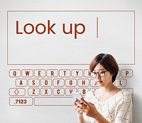 Woman using smart phone with keyboard graphic