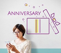 Young woman with illustration of happy anniversary gift box present