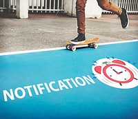 Skater boy rushing for important appointment with alarm clock illustration