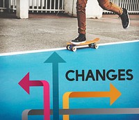 Skater boy with illustration of opportunities at turning point to be changes