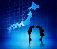 Two business people bowing heads to each other and a japan cartograph above them.