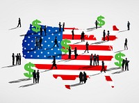 American flag with it's currency and a group of business people.