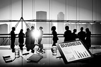 Silhouettes Of Multi-Ethnic Group Of Business People Working Together In A Board Room