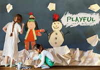 Children having fun with snowman artwork