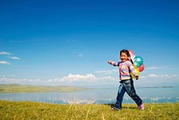 Asian Girls Playing Lake Happiness Relax Concept