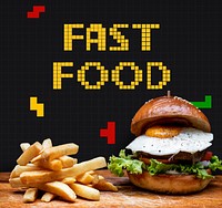 Burger and fries with 8 bit illustration of tasty menu