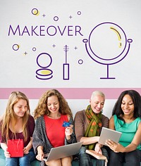 Group of women with beauty cosmetics makeover skincare