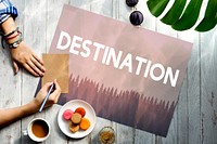 Destination word on nature background with trees