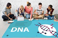 Group of students studying dna genetics graphic on the floor