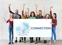 Students holding network graphic overlay banner