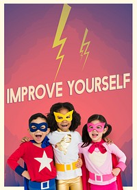 Group of superheroes kids with aspiration word graphic