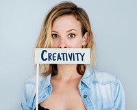 Adult Woman Showing Creative Ideas Design Word Sign