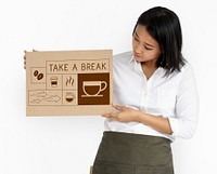 Woman holding banner Illustration of coffee shop advertisement