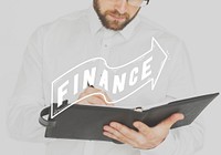 Handsome man working and finance word graphic