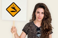 Studio Shoot Holding Banner with Slip Caution Sign