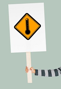 Studio Shoot Holding Banner with Termometer Attention Sign