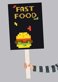 Hand holding banner of 8 bit illustration of tasty burger meal