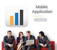 Business people with mobile application graph download illustration