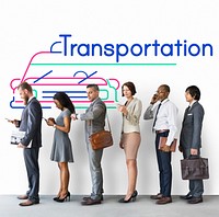 Group of people with automotive car rental transportation graphic