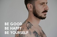 Life Motivation Word on Adult Tattoo Shirtless Man Background