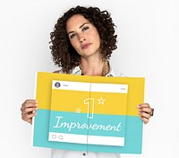 Woman holding billboard network graphic overlay