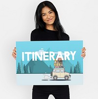 Woman holding illustration of discovery journey road trip traveling banner