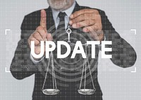 Businessman holding scale and update word