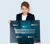 Woman holding network graphic overlay banner