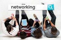 People working on digital device network graphic