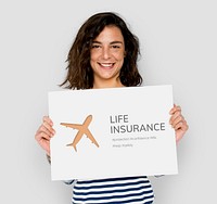 Woman holding  banner of aviation life insurance traveling trip illustration