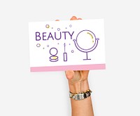Hand holding illustration of beauty cosmetics makeover skincare banner