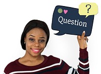 Woman holding speech bubble about customer service concept