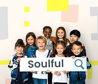 Children with searching banner for positivity and enjoy life