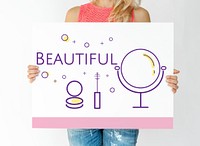 Woman holding illustration of beauty cosmetics makeover skincare banner