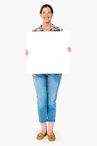 Woman standing and holding banner