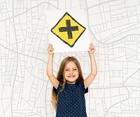 Young girl holding network graphic overlay banner