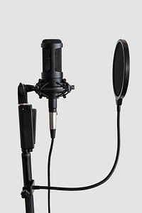 Professional condenser microphone with a pop filter in a studio