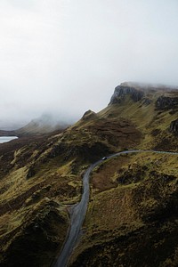 Drone view of a misty Quiraing on the Isle of Skye in Scotland