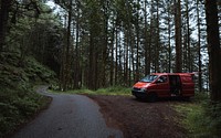 Red van parked in Mull temperate rainforest